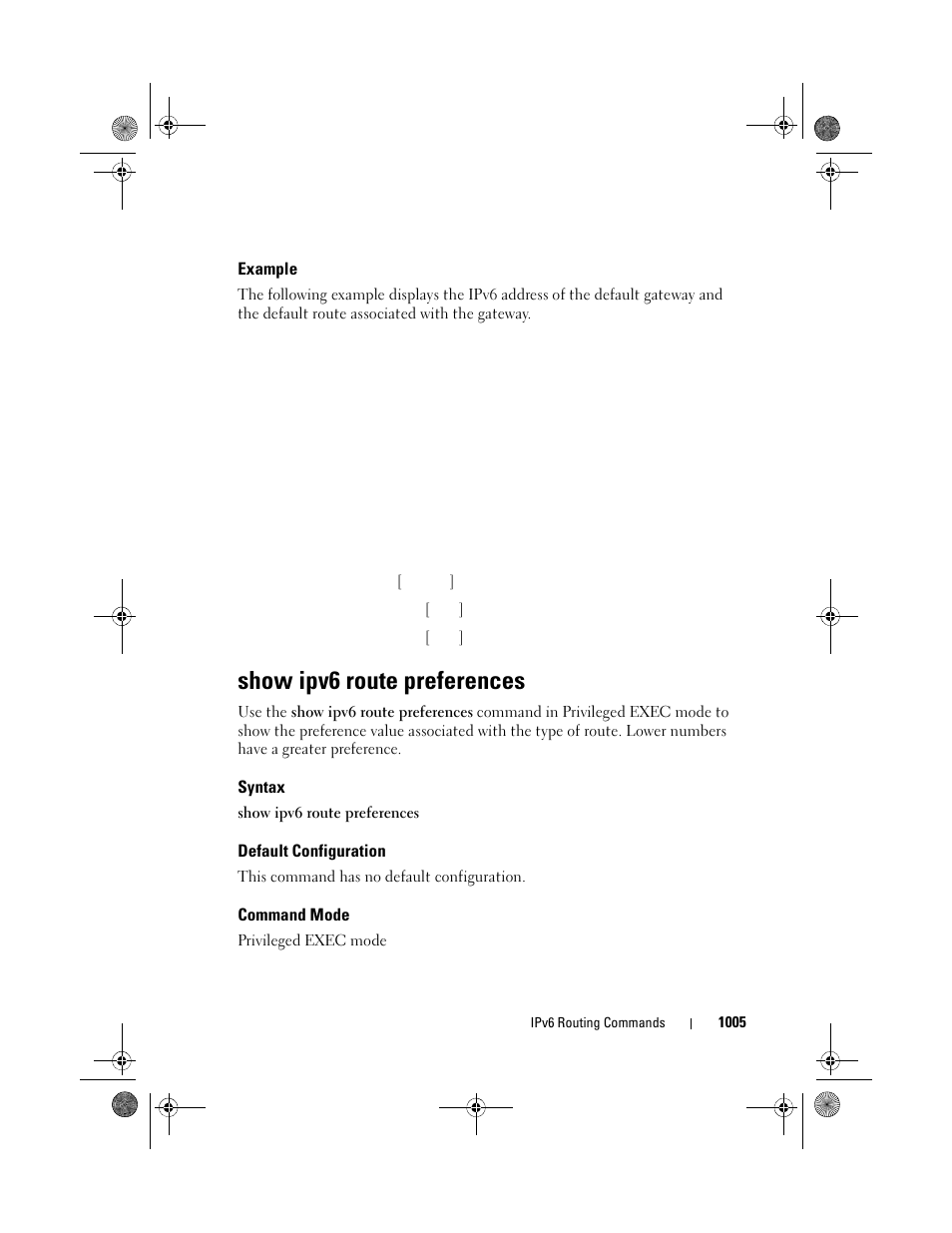 Example, Show ipv6 route preferences, Syntax | Default configuration, Command mode, Show ipv6 route, Preferences | Dell POWEREDGE M1000E User Manual | Page 1005 / 1682