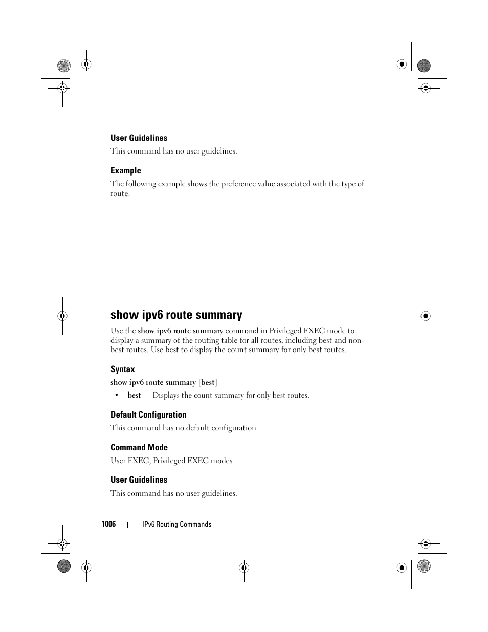 User guidelines, Example, Show ipv6 route summary | Syntax, Default configuration, Command mode, Show ipv6 route, Summary | Dell POWEREDGE M1000E User Manual | Page 1006 / 1682