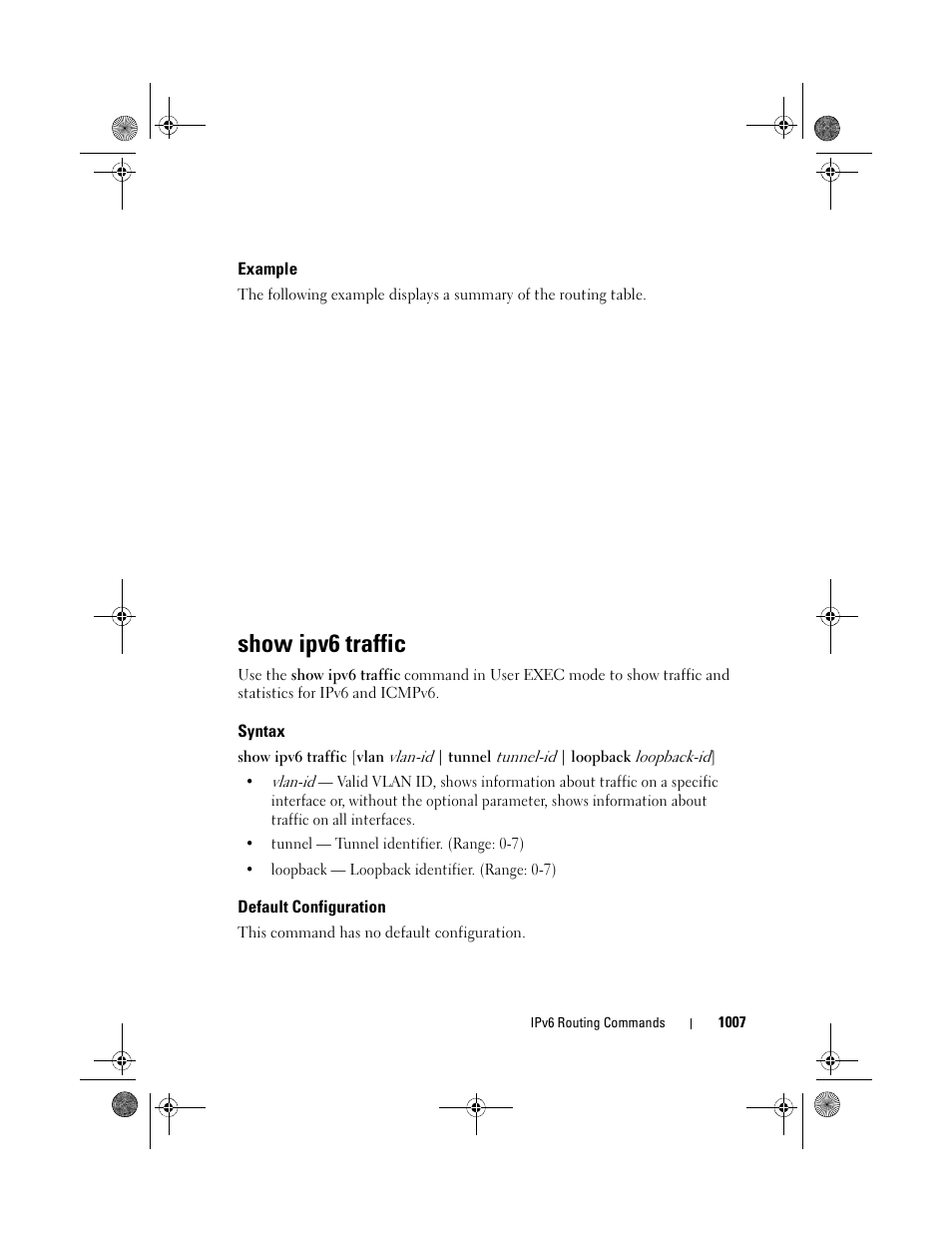 Example, Show ipv6 traffic, Syntax | Default configuration | Dell POWEREDGE M1000E User Manual | Page 1007 / 1682