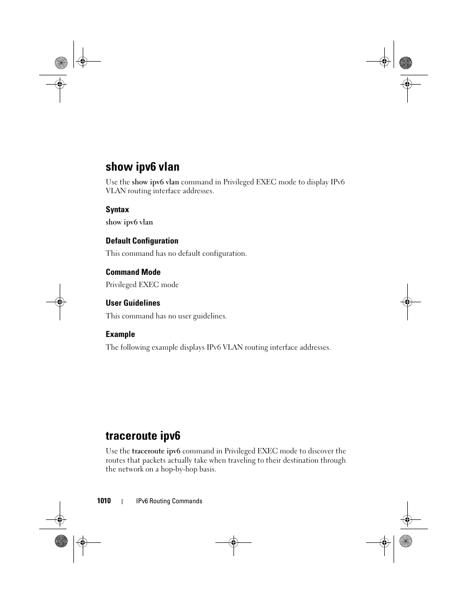 Show ipv6 vlan, Syntax, Default configuration | Command mode, User guidelines, Example, Traceroute ipv6 | Dell POWEREDGE M1000E User Manual | Page 1010 / 1682