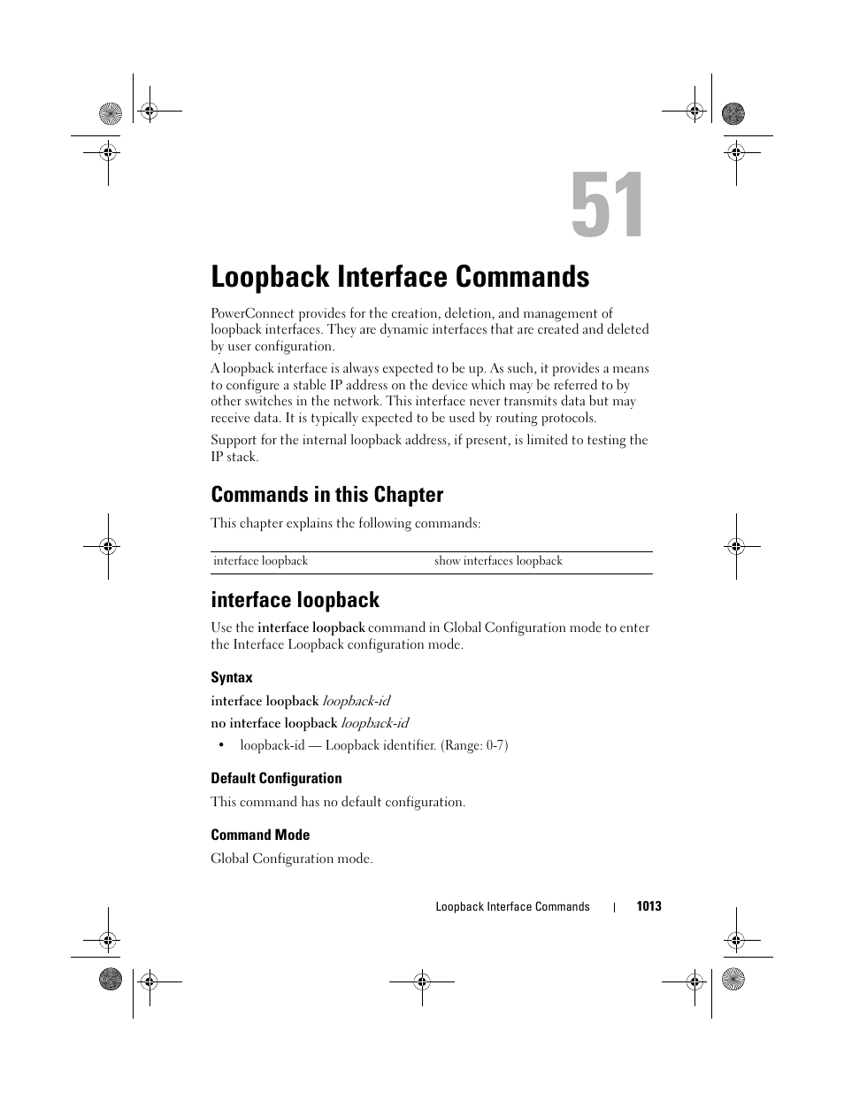 Loopback interface commands, Commands in this chapter, Interface loopback | Syntax, Default configuration, Command mode, El, interface loopback | Dell POWEREDGE M1000E User Manual | Page 1013 / 1682