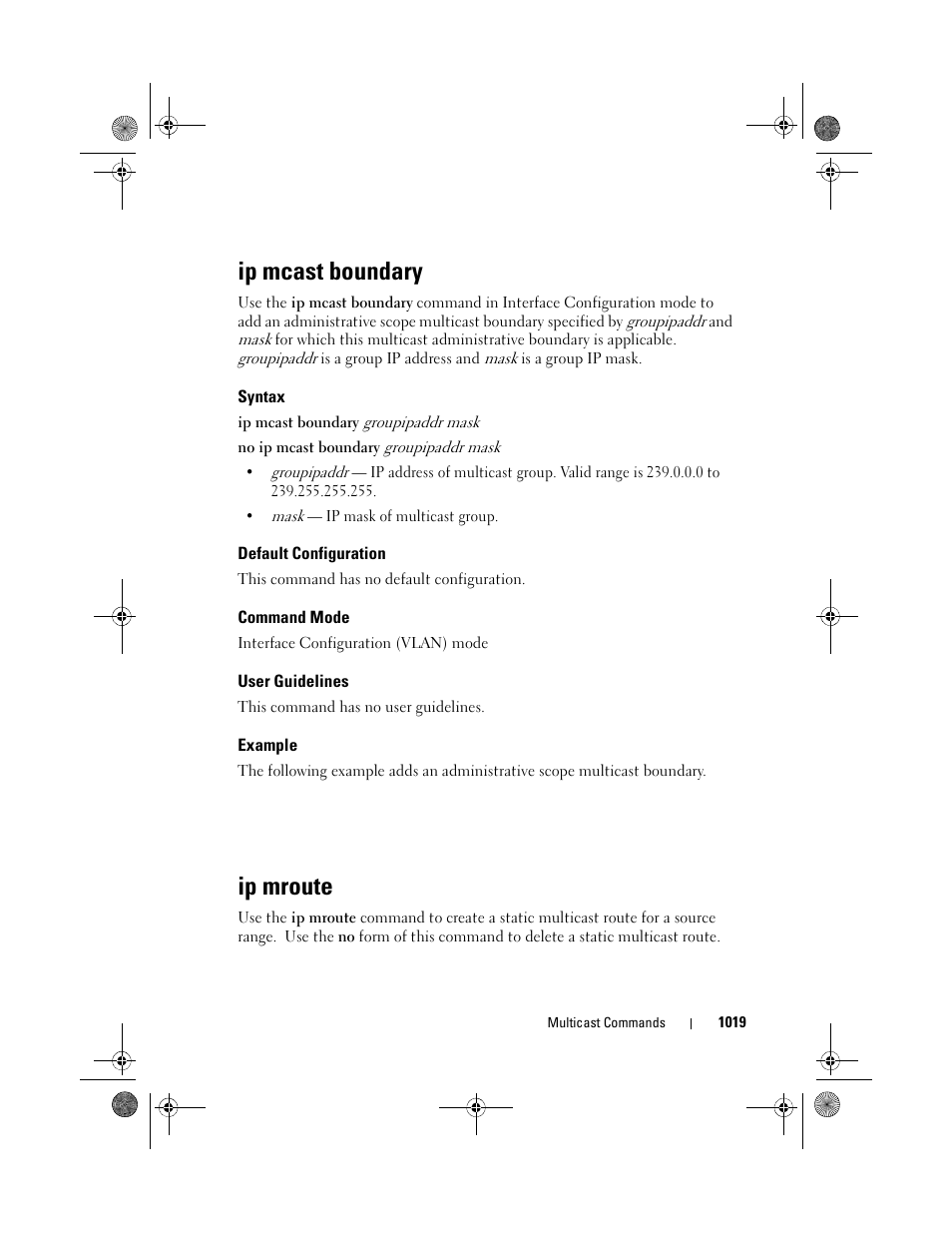 Ip mcast boundary, Syntax, Default configuration | Command mode, User guidelines, Example, Ip mroute | Dell POWEREDGE M1000E User Manual | Page 1019 / 1682