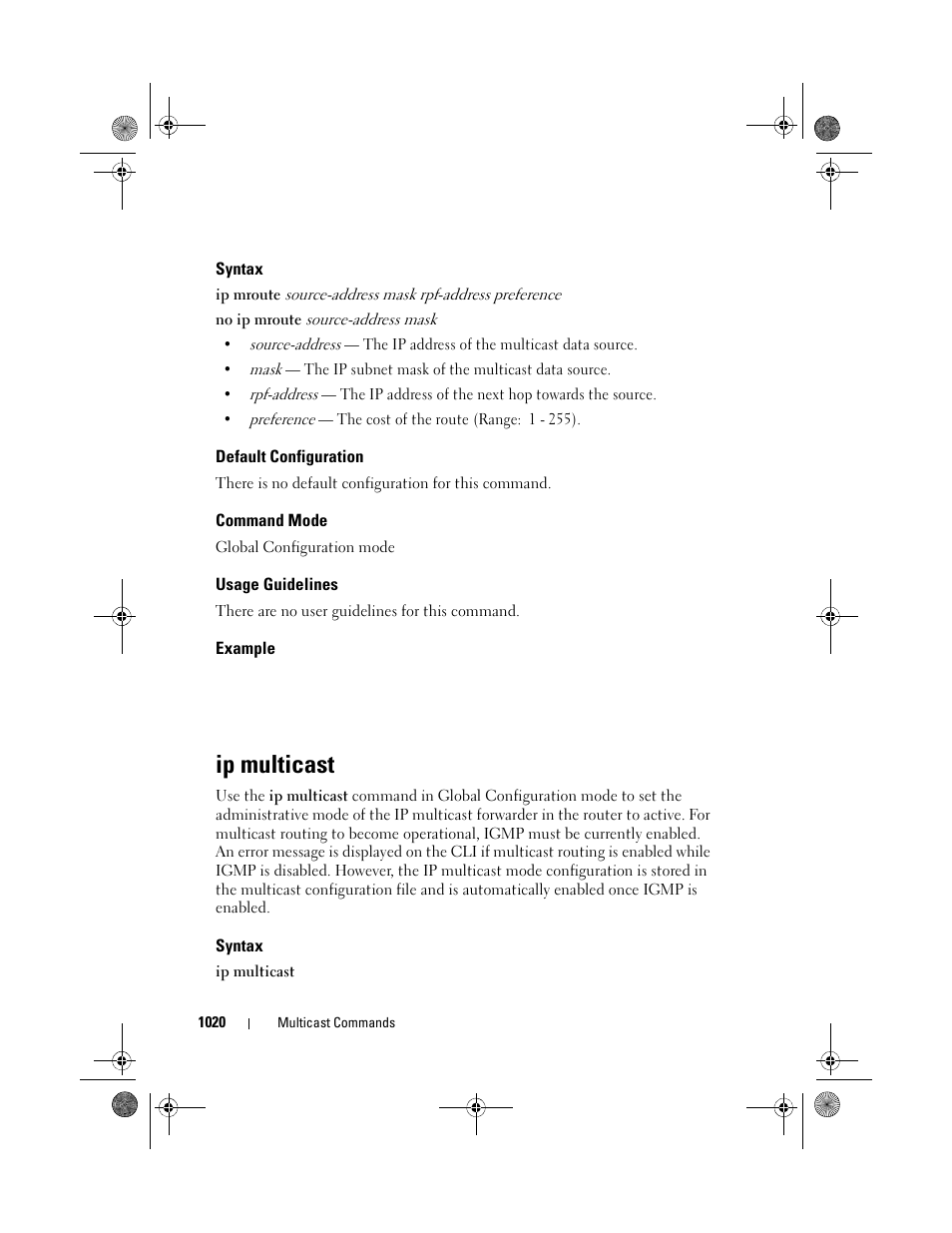 Syntax, Default configuration, Command mode | Usage guidelines, Example, Ip multicast | Dell POWEREDGE M1000E User Manual | Page 1020 / 1682