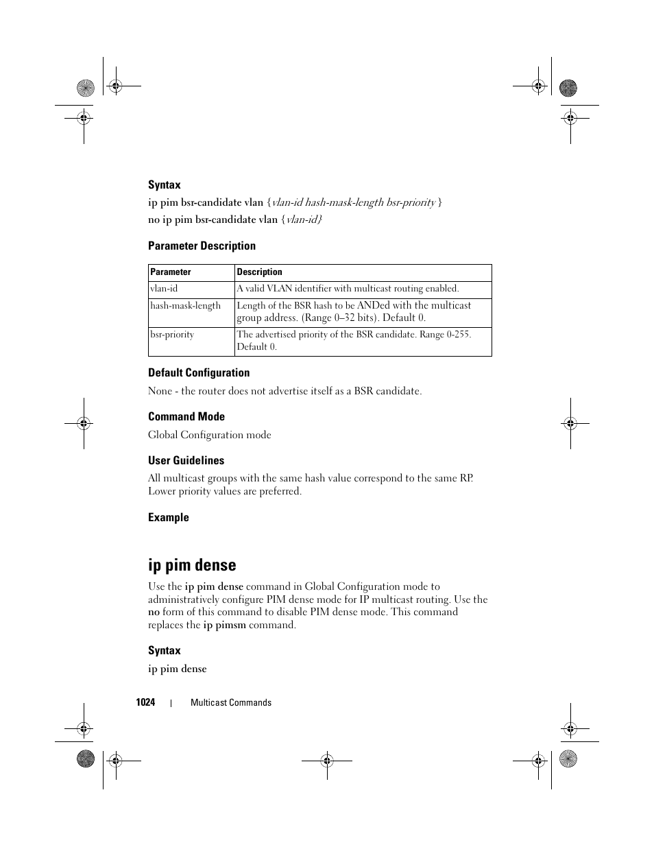 Syntax, Parameter description, Default configuration | Command mode, User guidelines, Example, Ip pim dense | Dell POWEREDGE M1000E User Manual | Page 1024 / 1682