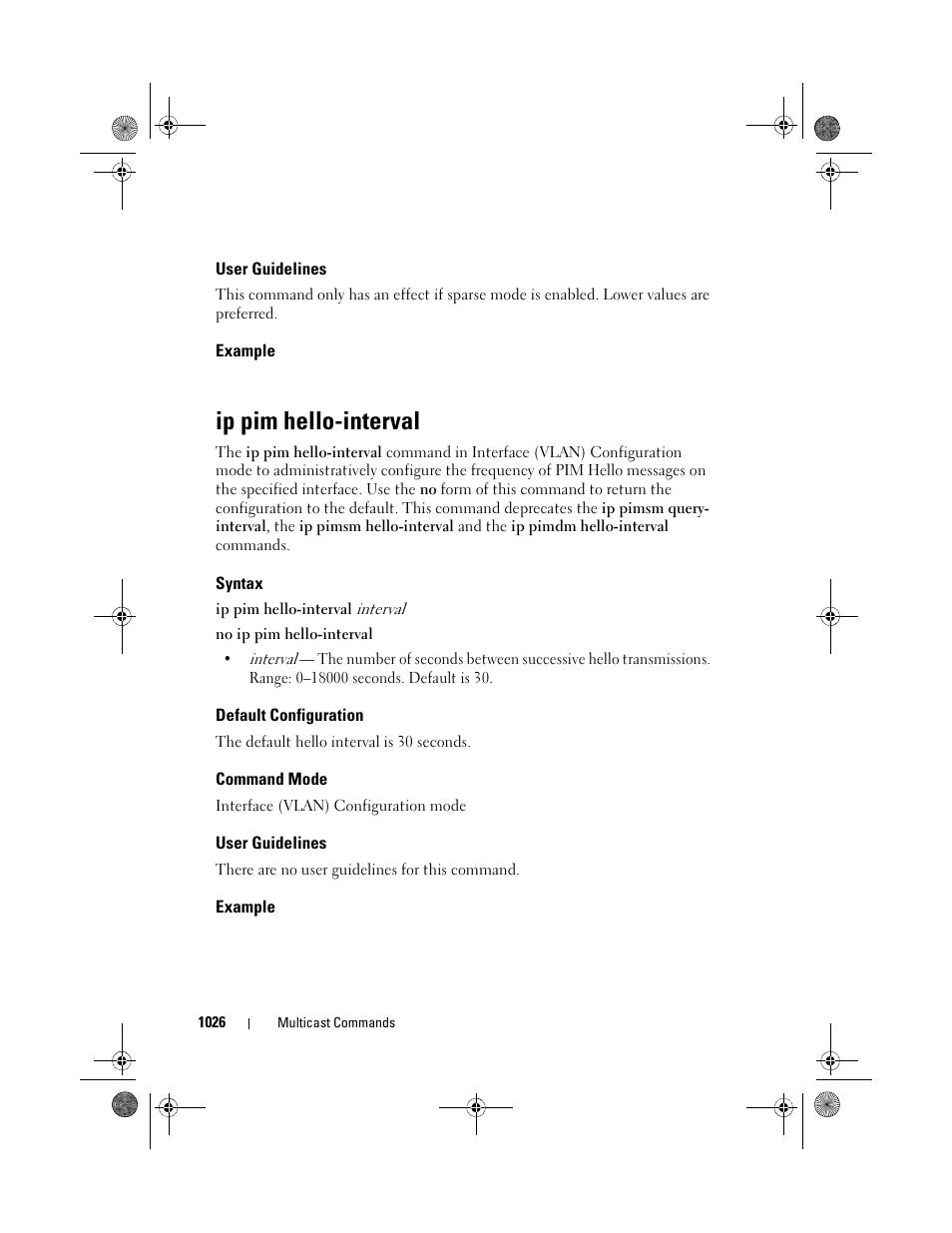 User guidelines, Example, Ip pim hello-interval | Syntax, Default configuration, Command mode, Ip pim hello, Interval | Dell POWEREDGE M1000E User Manual | Page 1026 / 1682