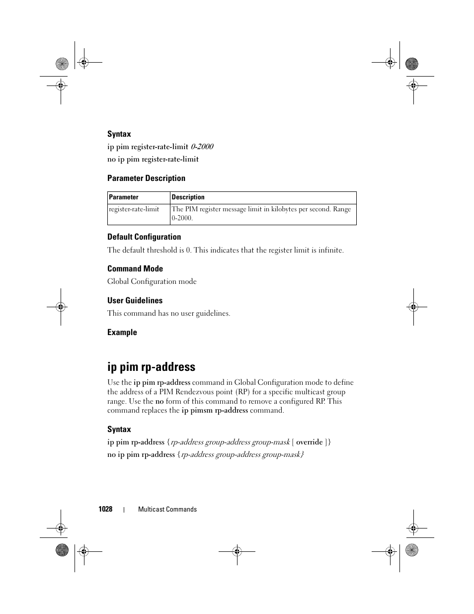 Syntax, Parameter description, Default configuration | Command mode, User guidelines, Example, Ip pim rp-address | Dell POWEREDGE M1000E User Manual | Page 1028 / 1682