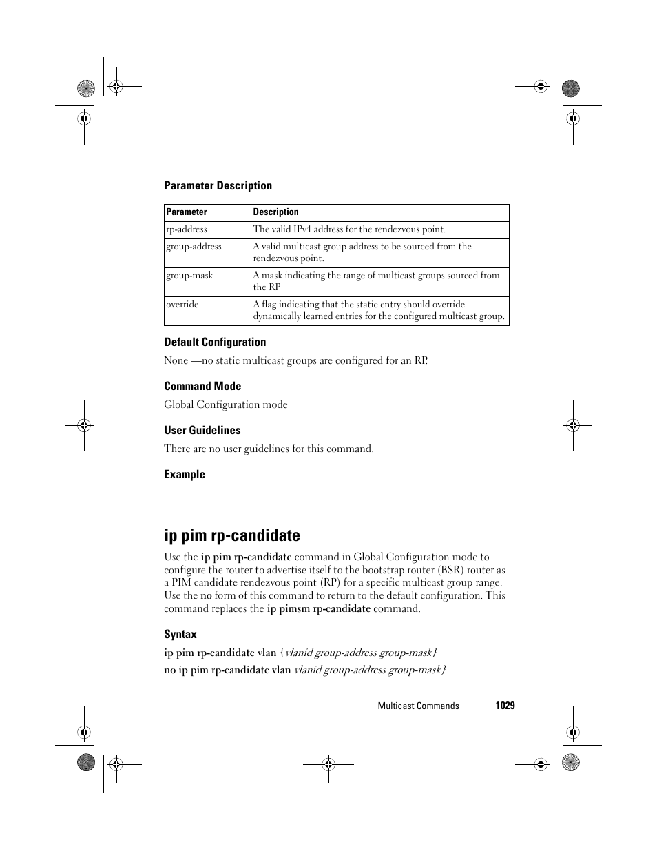 Parameter description, Default configuration, Command mode | User guidelines, Example, Ip pim rp-candidate, Syntax, Ip pim rp, Candidate | Dell POWEREDGE M1000E User Manual | Page 1029 / 1682