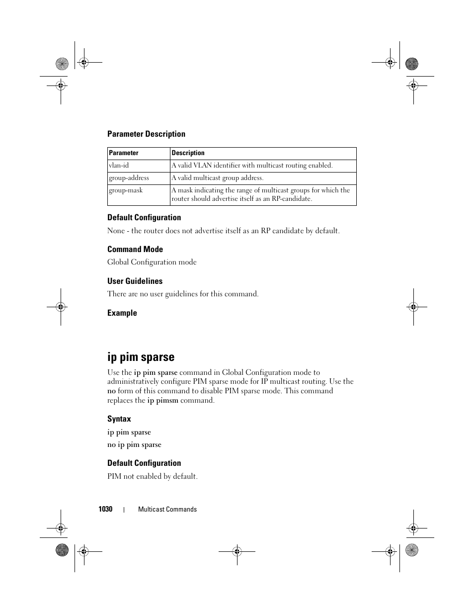 Parameter description, Default configuration, Command mode | User guidelines, Example, Ip pim sparse, Syntax | Dell POWEREDGE M1000E User Manual | Page 1030 / 1682