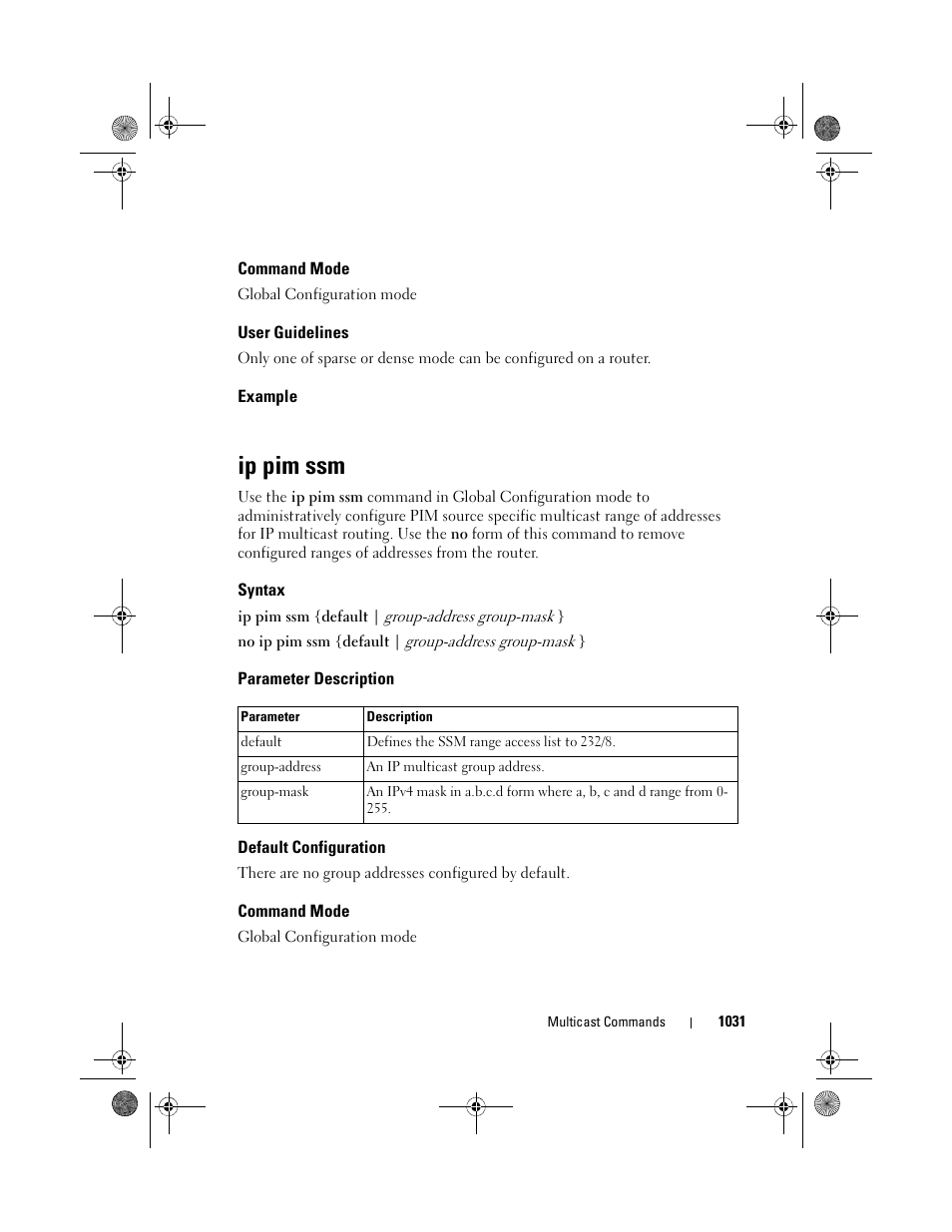 Command mode, User guidelines, Example | Ip pim ssm, Syntax, Parameter description, Default configuration | Dell POWEREDGE M1000E User Manual | Page 1031 / 1682