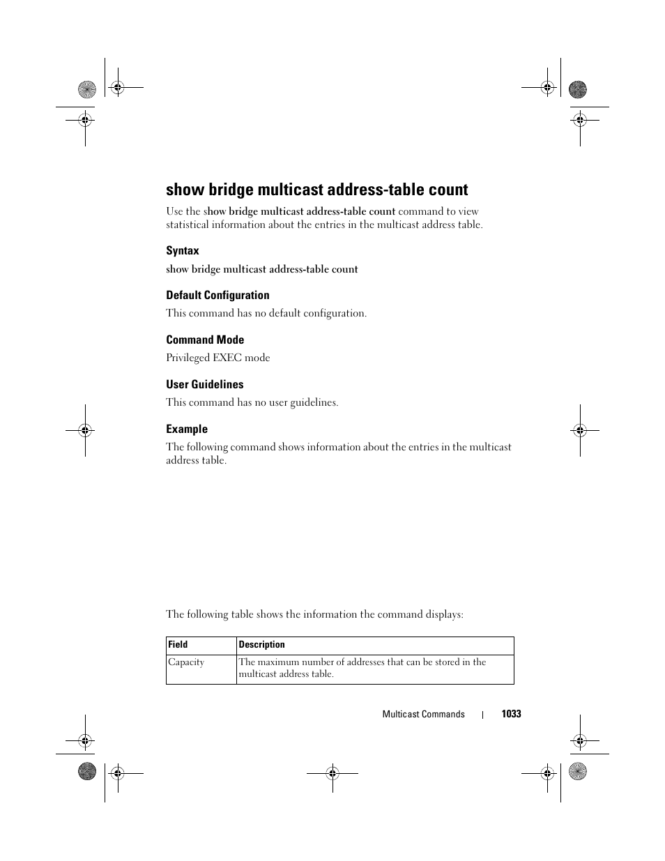 Show bridge multicast address-table count, Syntax, Default configuration | Command mode, User guidelines, Example, Show bridge, Multicast address, Table count | Dell POWEREDGE M1000E User Manual | Page 1033 / 1682