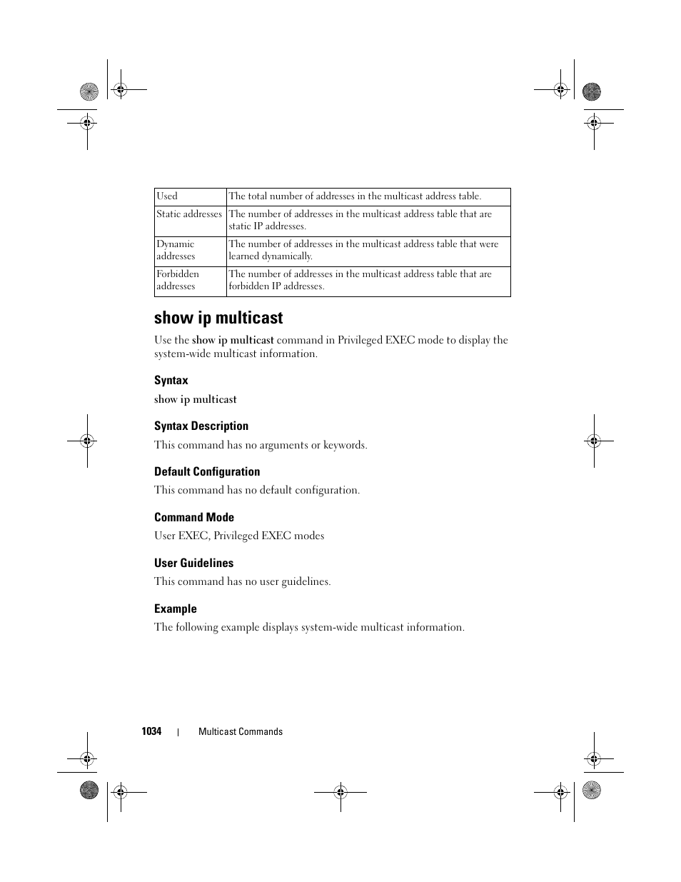 Show ip multicast, Syntax, Syntax description | Default configuration, Command mode, User guidelines, Example | Dell POWEREDGE M1000E User Manual | Page 1034 / 1682