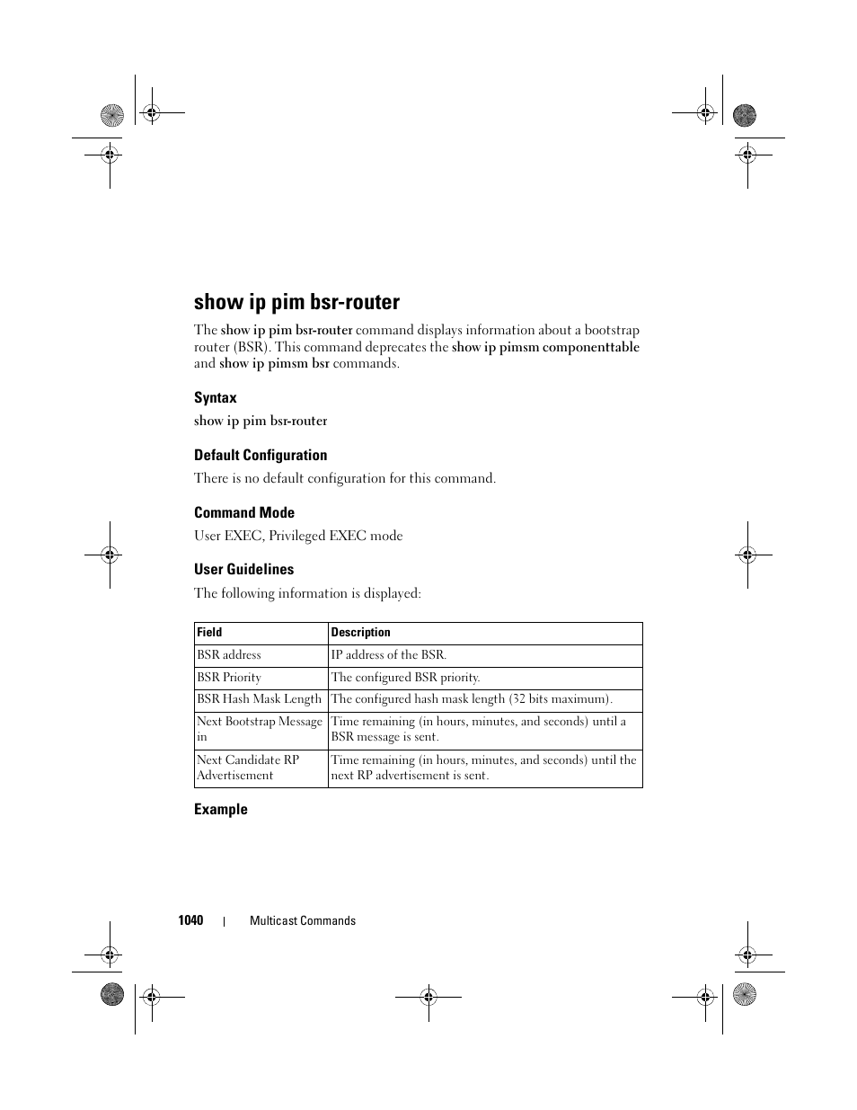 Show ip pim bsr-router, Syntax, Default configuration | Command mode, User guidelines, Example | Dell POWEREDGE M1000E User Manual | Page 1040 / 1682