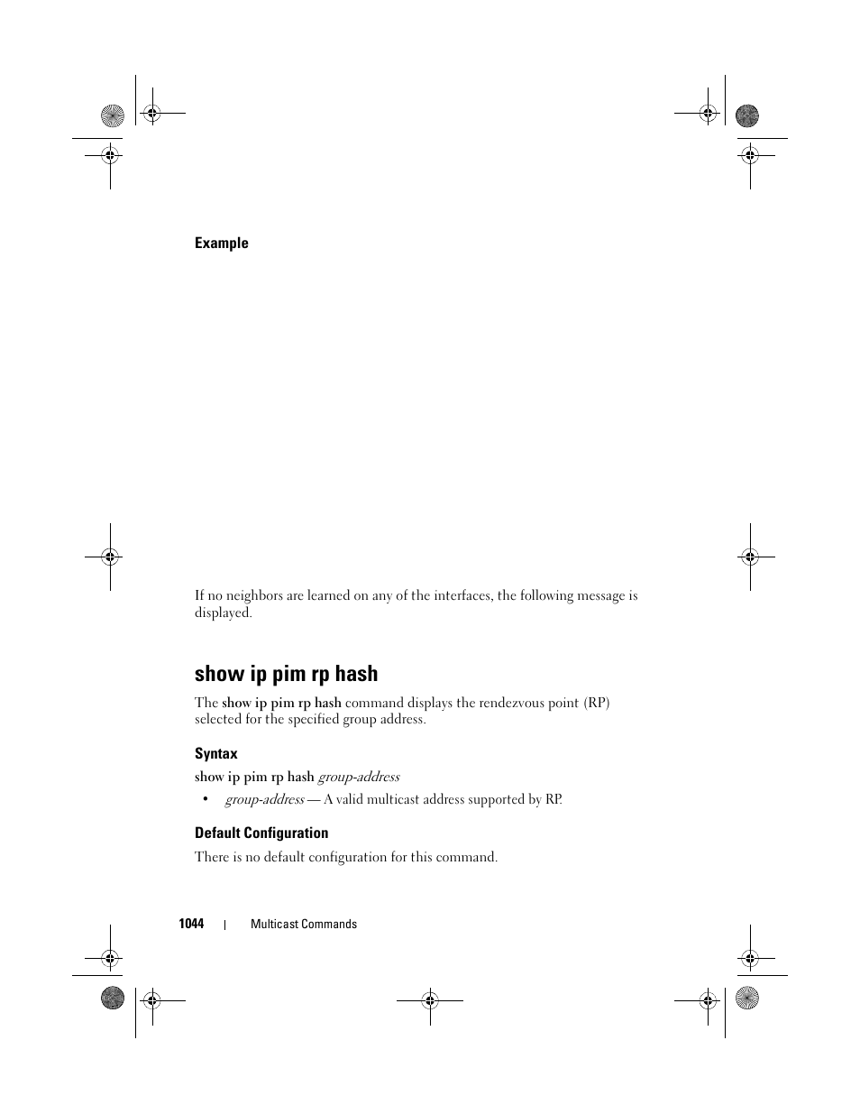 Example, Show ip pim rp hash, Syntax | Default configuration | Dell POWEREDGE M1000E User Manual | Page 1044 / 1682