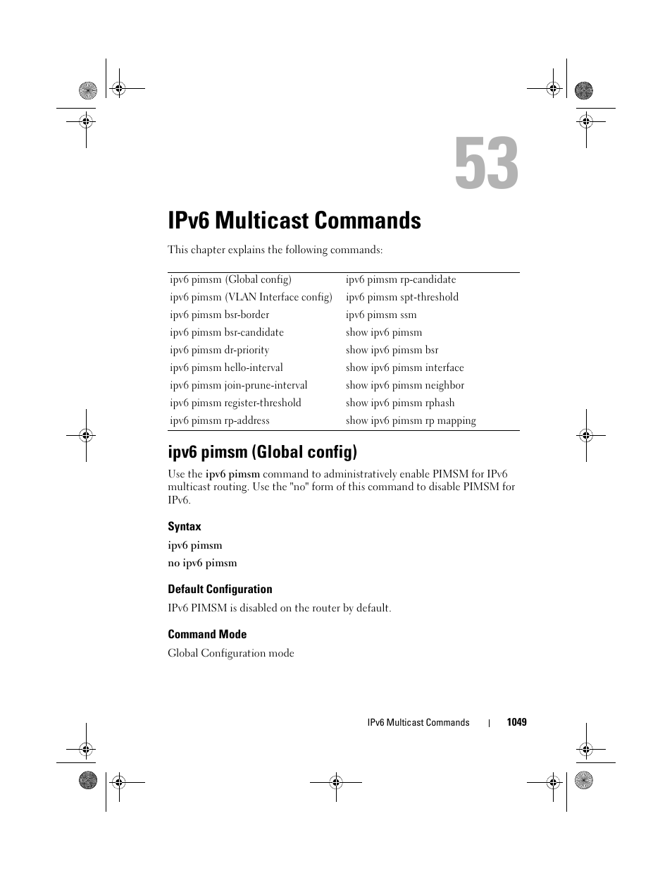Ipv6 multicast commands, Ipv6 pimsm (global config), Syntax | Default configuration, Command mode | Dell POWEREDGE M1000E User Manual | Page 1049 / 1682