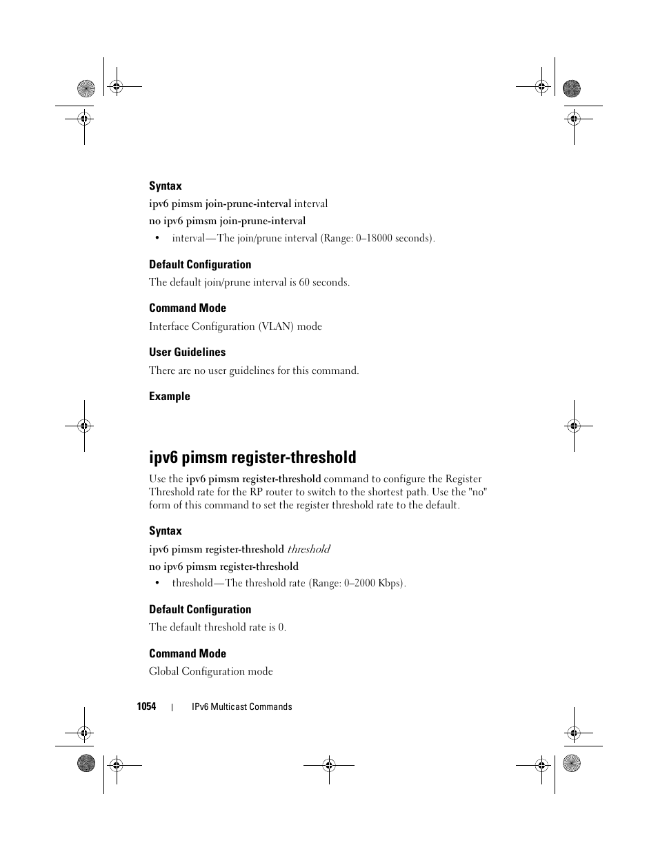 Syntax, Default configuration, Command mode | User guidelines, Example, Ipv6 pimsm register-threshold | Dell POWEREDGE M1000E User Manual | Page 1054 / 1682