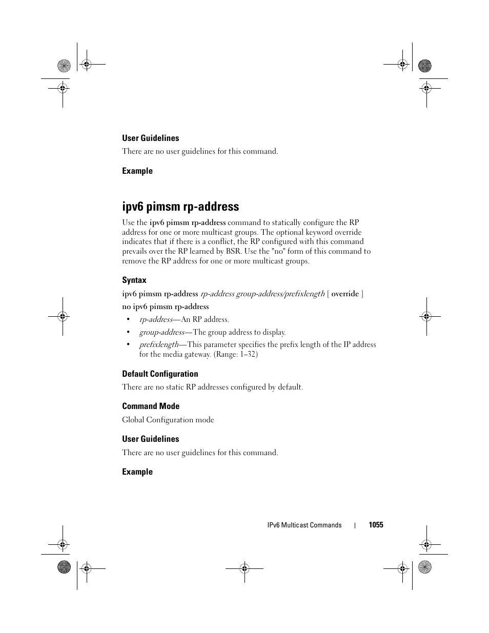 User guidelines, Example, Ipv6 pimsm rp-address | Syntax, Default configuration, Command mode | Dell POWEREDGE M1000E User Manual | Page 1055 / 1682