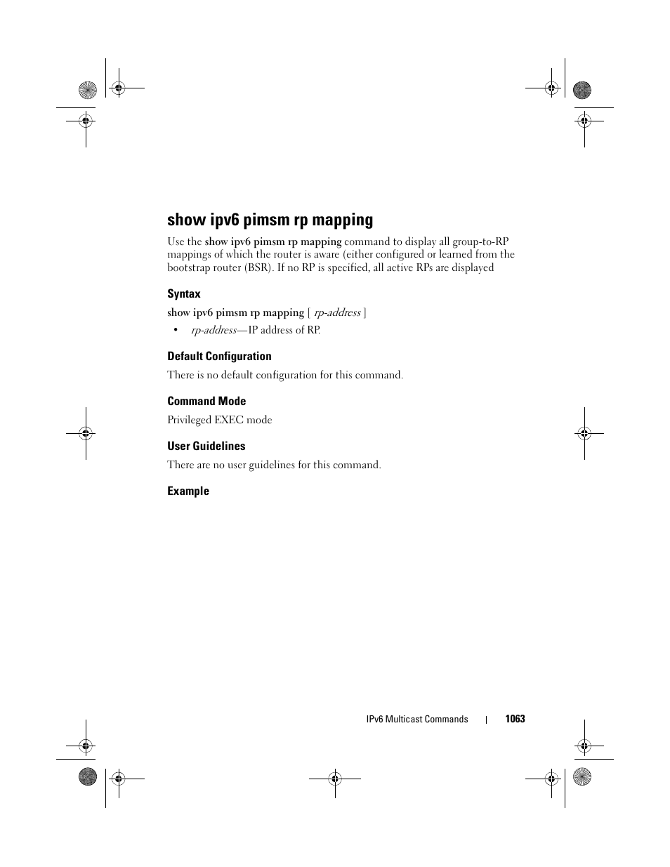 Show ipv6 pimsm rp mapping, Syntax, Default configuration | Command mode, User guidelines, Example | Dell POWEREDGE M1000E User Manual | Page 1063 / 1682