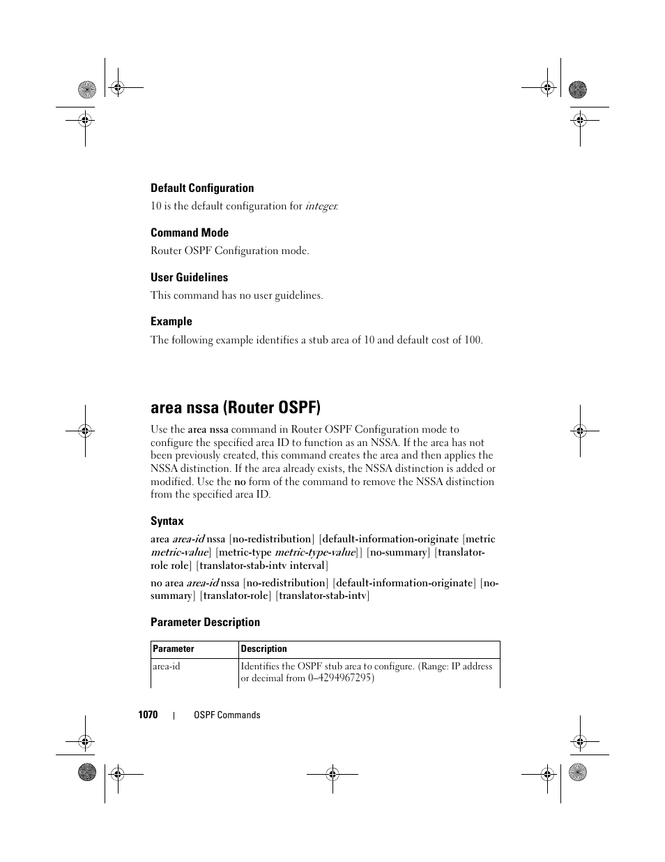 Default configuration, Command mode, User guidelines | Example, Area nssa (router ospf), Syntax, Parameter description, Area nssa (router, Ospf) | Dell POWEREDGE M1000E User Manual | Page 1070 / 1682