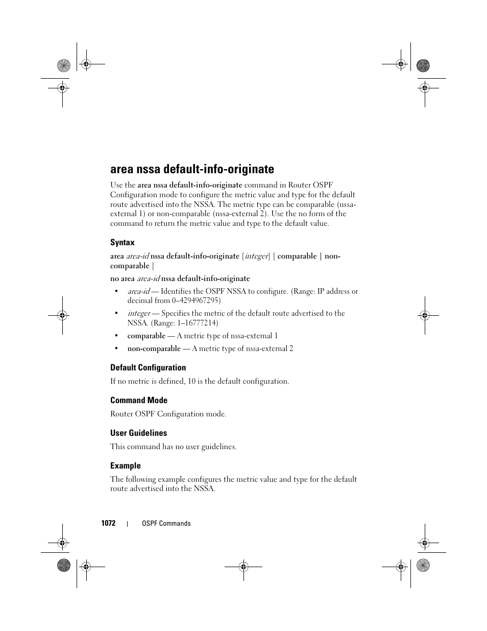 Area nssa default-info-originate, Syntax, Default configuration | Command mode, User guidelines, Example, Area nssa default, Info-originate | Dell POWEREDGE M1000E User Manual | Page 1072 / 1682