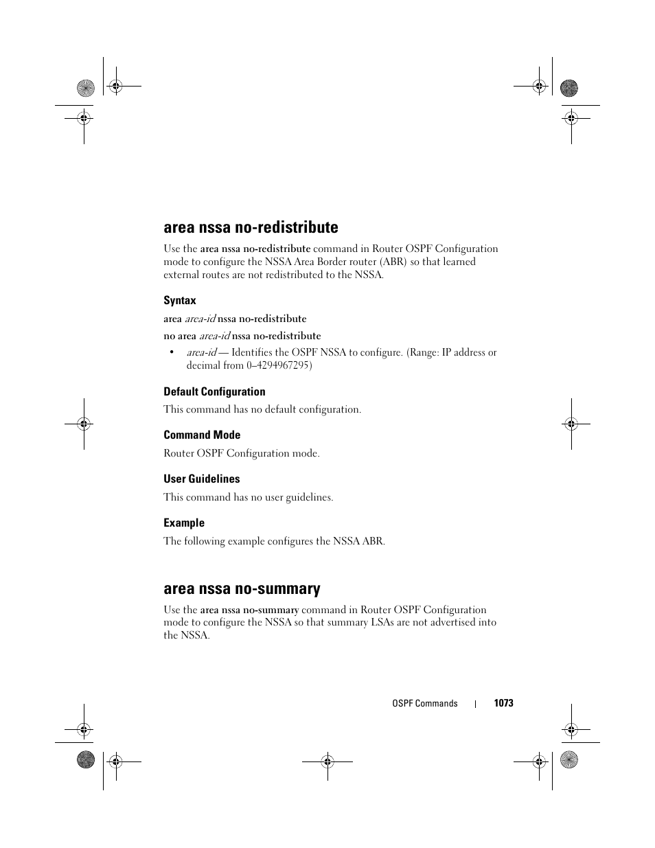 Area nssa no-redistribute, Syntax, Default configuration | Command mode, User guidelines, Example, Area nssa no-summary, Area nssa no, Redistribute, Summary | Dell POWEREDGE M1000E User Manual | Page 1073 / 1682