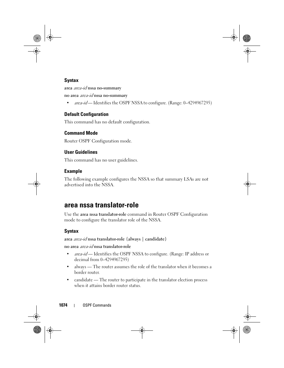 Syntax, Default configuration, Command mode | User guidelines, Example, Area nssa translator-role, Area nssa, Translator-role | Dell POWEREDGE M1000E User Manual | Page 1074 / 1682