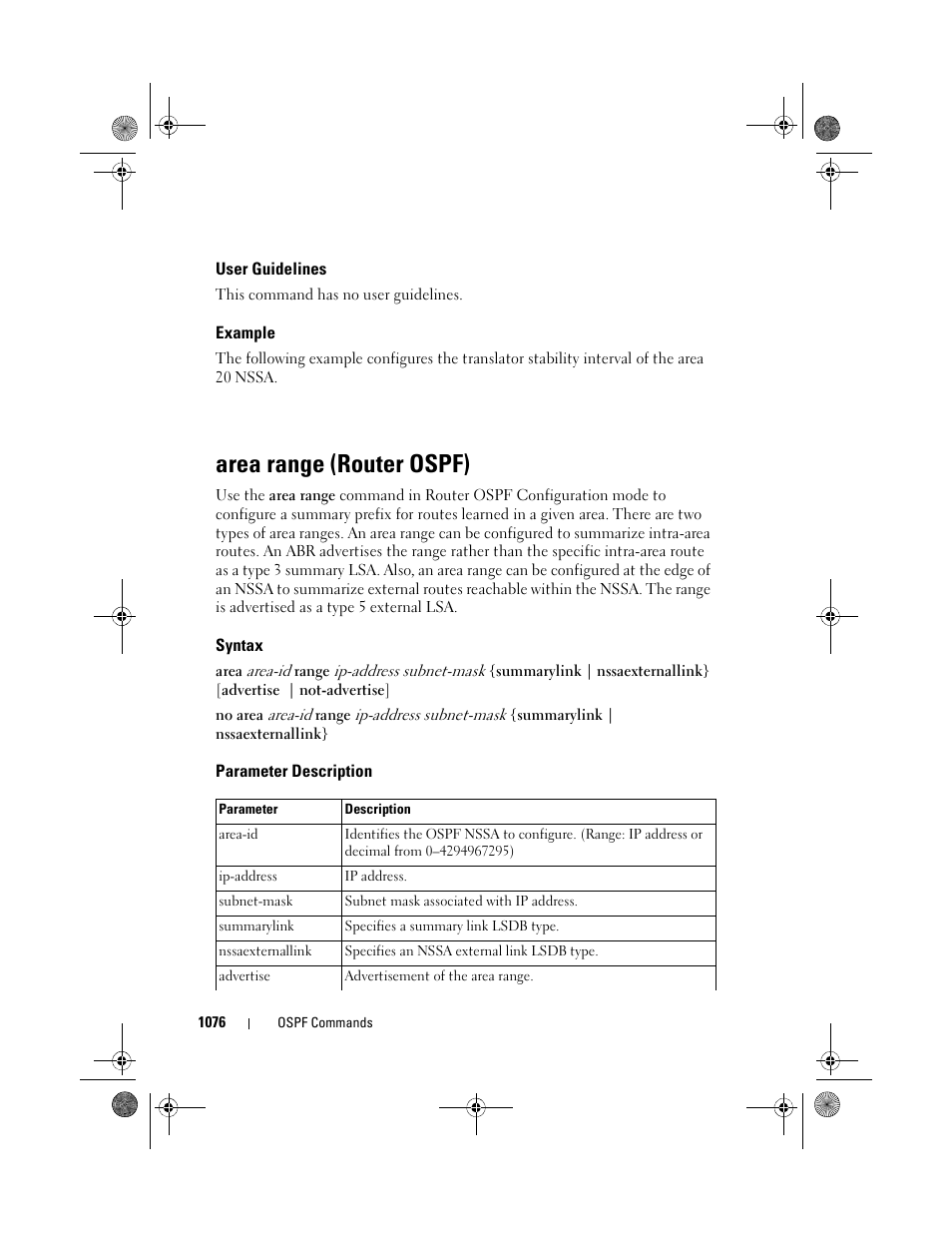 User guidelines, Example, Area range (router ospf) | Syntax, Parameter description, Area range (router, Ospf) | Dell POWEREDGE M1000E User Manual | Page 1076 / 1682