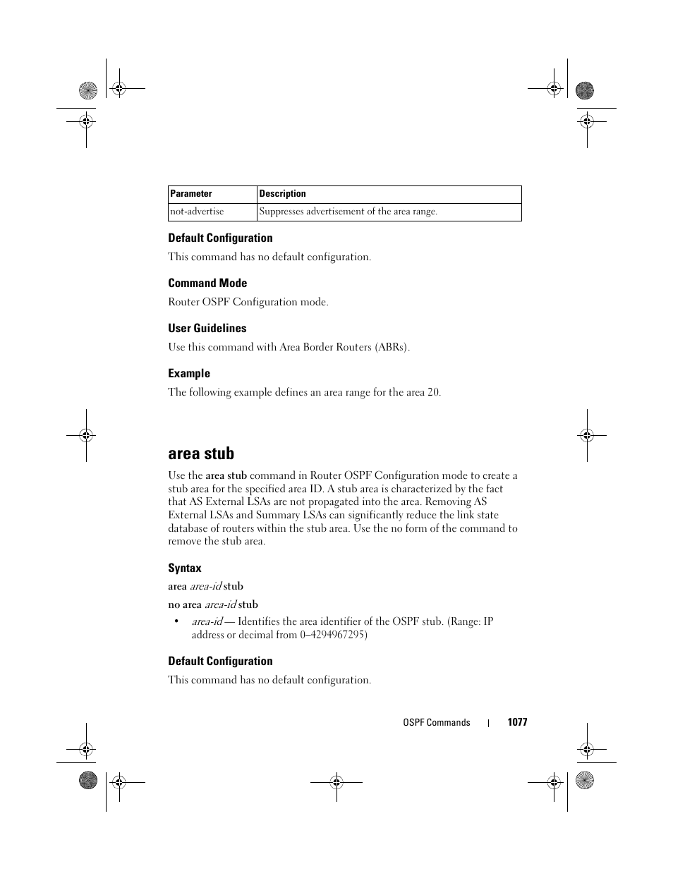 Default configuration, Command mode, User guidelines | Example, Area stub, Syntax | Dell POWEREDGE M1000E User Manual | Page 1077 / 1682