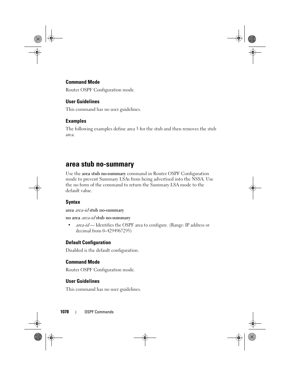 Command mode, User guidelines, Examples | Area stub no-summary, Syntax, Default configuration, Area stub no, Summary | Dell POWEREDGE M1000E User Manual | Page 1078 / 1682