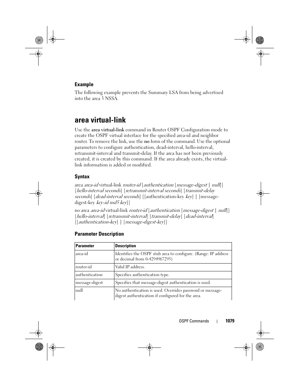 Example, Area virtual-link, Syntax | Parameter description | Dell POWEREDGE M1000E User Manual | Page 1079 / 1682