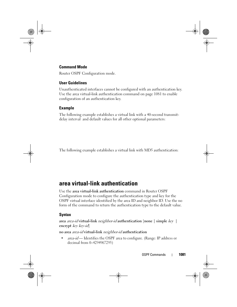 Command mode, User guidelines, Example | Area virtual-link authentication, Syntax, Area virtual-link, Authentication | Dell POWEREDGE M1000E User Manual | Page 1081 / 1682