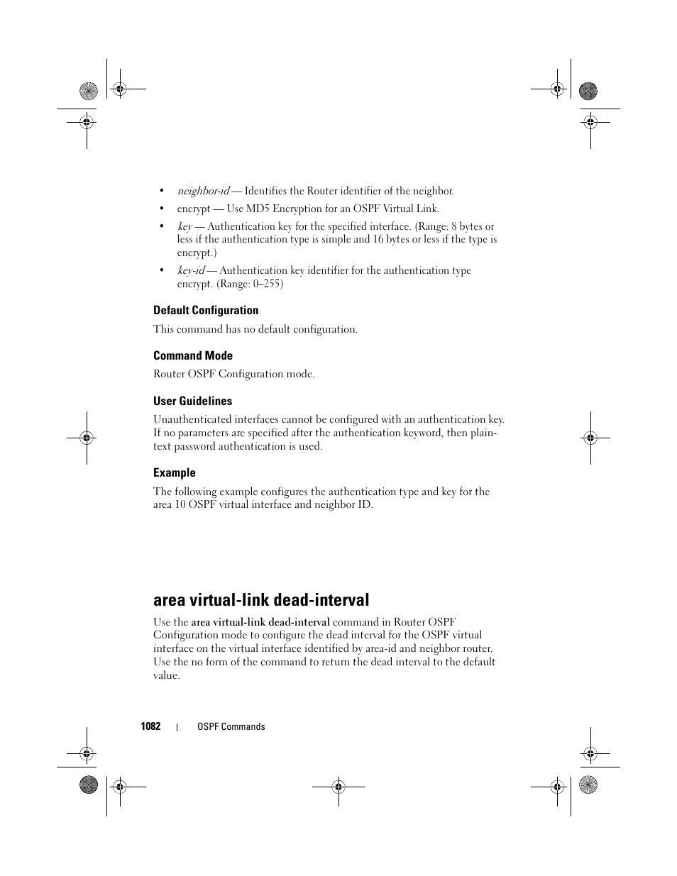 Default configuration, Command mode, User guidelines | Example, Area virtual-link dead-interval, Area virtual-link, Dead-interval | Dell POWEREDGE M1000E User Manual | Page 1082 / 1682