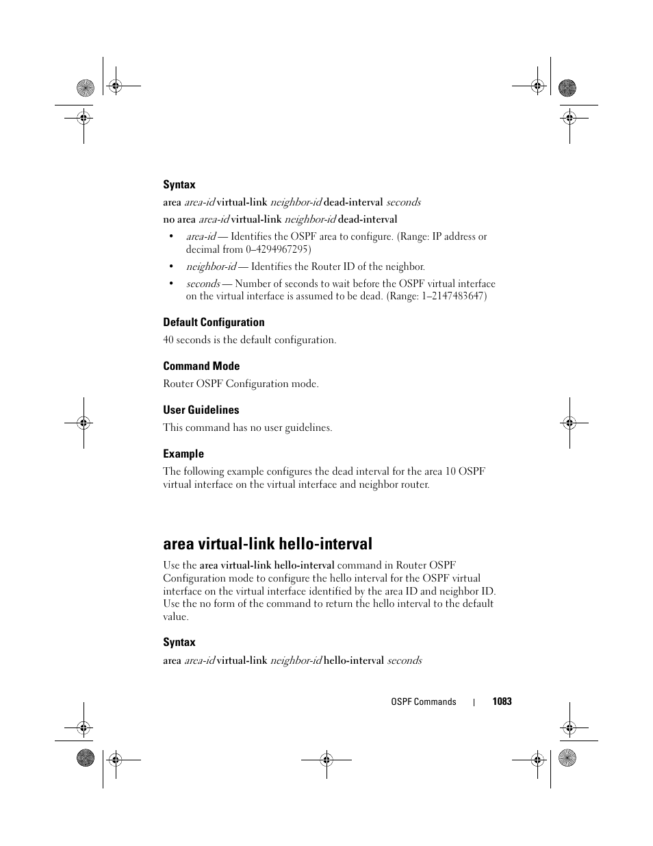 Syntax, Default configuration, Command mode | User guidelines, Example, Area virtual-link hello-interval, Area virtual-link, Hello-interval | Dell POWEREDGE M1000E User Manual | Page 1083 / 1682