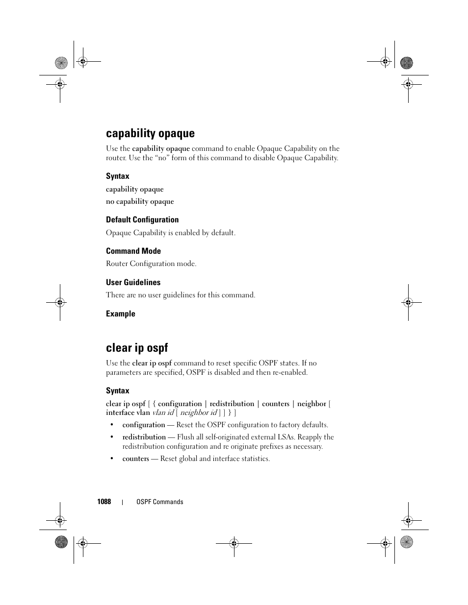 Capability opaque, Syntax, Default configuration | Command mode, User guidelines, Example, Clear ip ospf | Dell POWEREDGE M1000E User Manual | Page 1088 / 1682