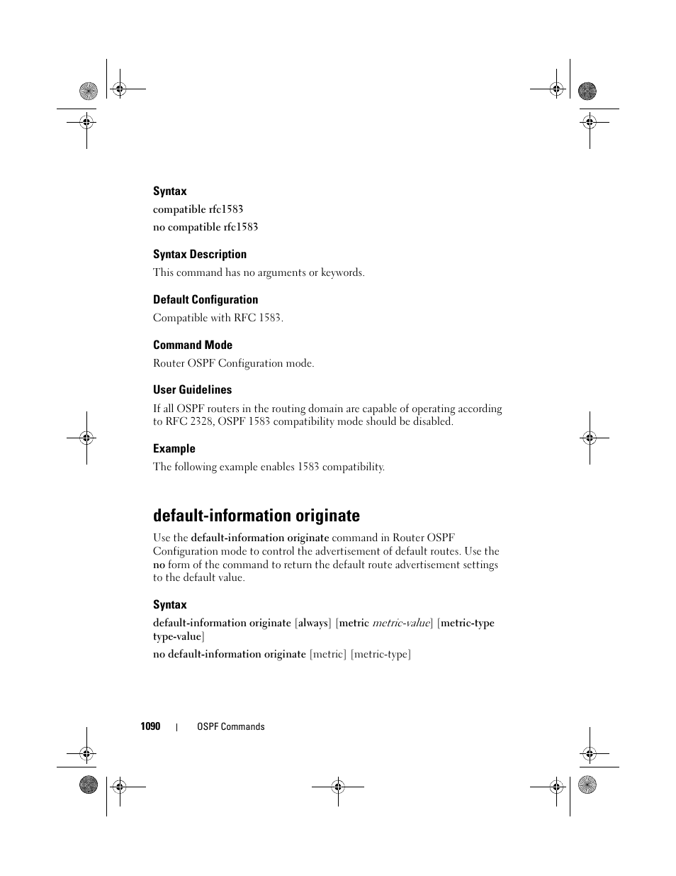 Syntax, Syntax description, Default configuration | Command mode, User guidelines, Example, Default-information originate, Default, Information, Originate | Dell POWEREDGE M1000E User Manual | Page 1090 / 1682