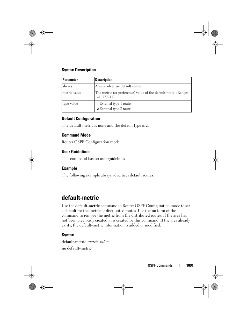 Syntax description, Default configuration, Command mode | User guidelines, Example, Default-metric, Syntax | Dell POWEREDGE M1000E User Manual | Page 1091 / 1682