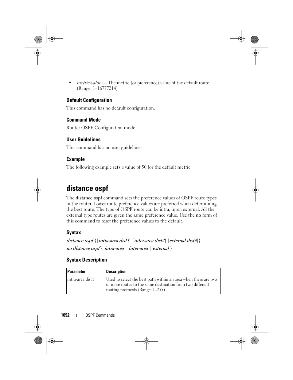 Default configuration, Command mode, User guidelines | Example, Distance ospf, Syntax, Syntax description | Dell POWEREDGE M1000E User Manual | Page 1092 / 1682