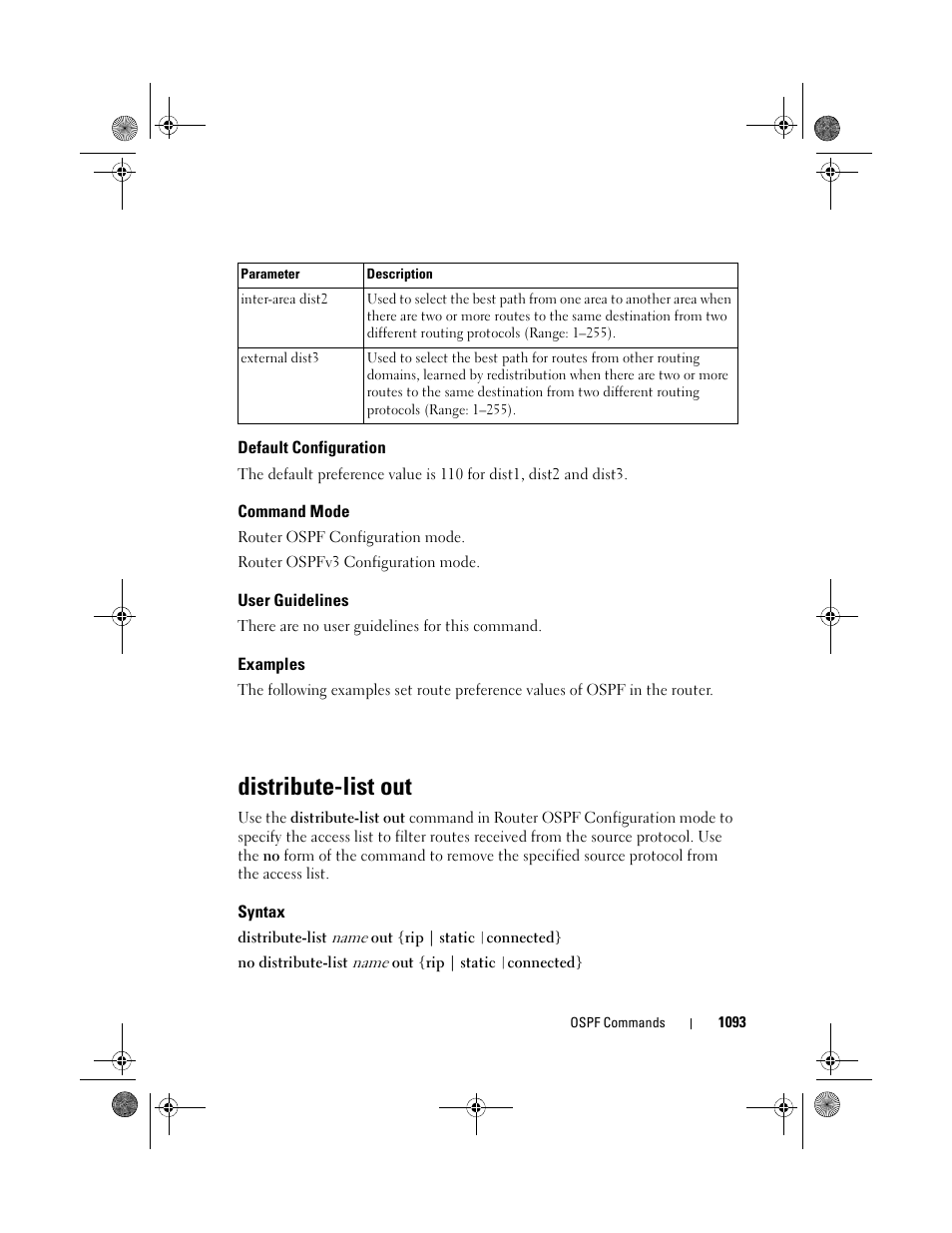 Default configuration, Command mode, User guidelines | Examples, Distribute-list out, Syntax | Dell POWEREDGE M1000E User Manual | Page 1093 / 1682