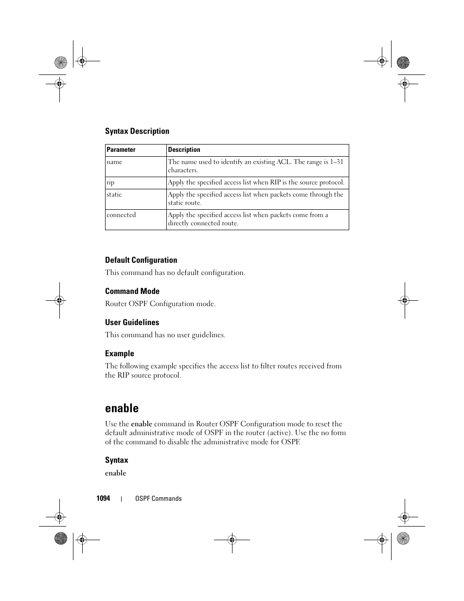 Syntax description, Default configuration, Command mode | User guidelines, Example, Enable, Syntax | Dell POWEREDGE M1000E User Manual | Page 1094 / 1682