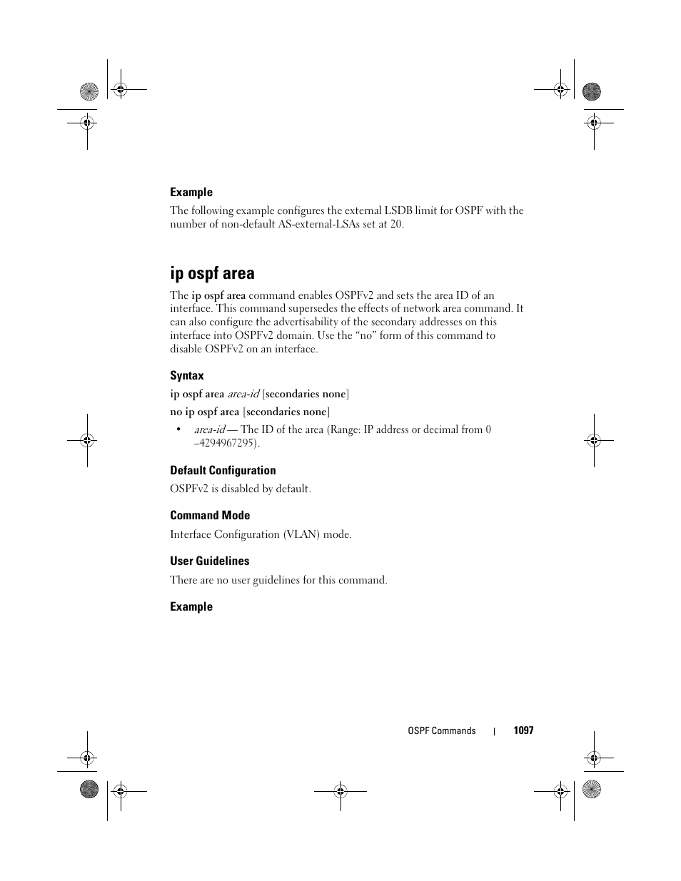 Example, Ip ospf area, Syntax | Default configuration, Command mode, User guidelines | Dell POWEREDGE M1000E User Manual | Page 1097 / 1682