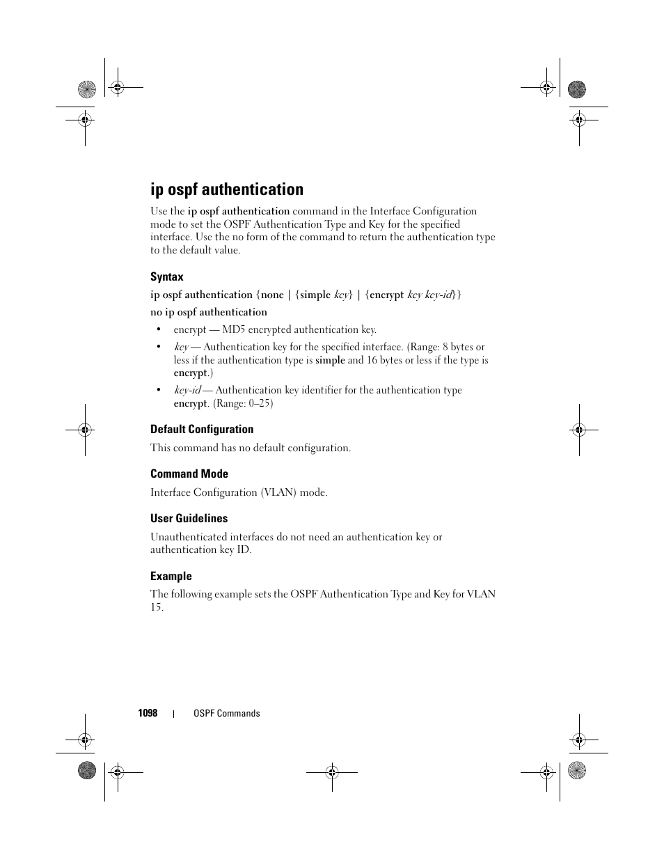 Ip ospf authentication, Syntax, Default configuration | Command mode, User guidelines, Example, Ip ospf, Authentication | Dell POWEREDGE M1000E User Manual | Page 1098 / 1682