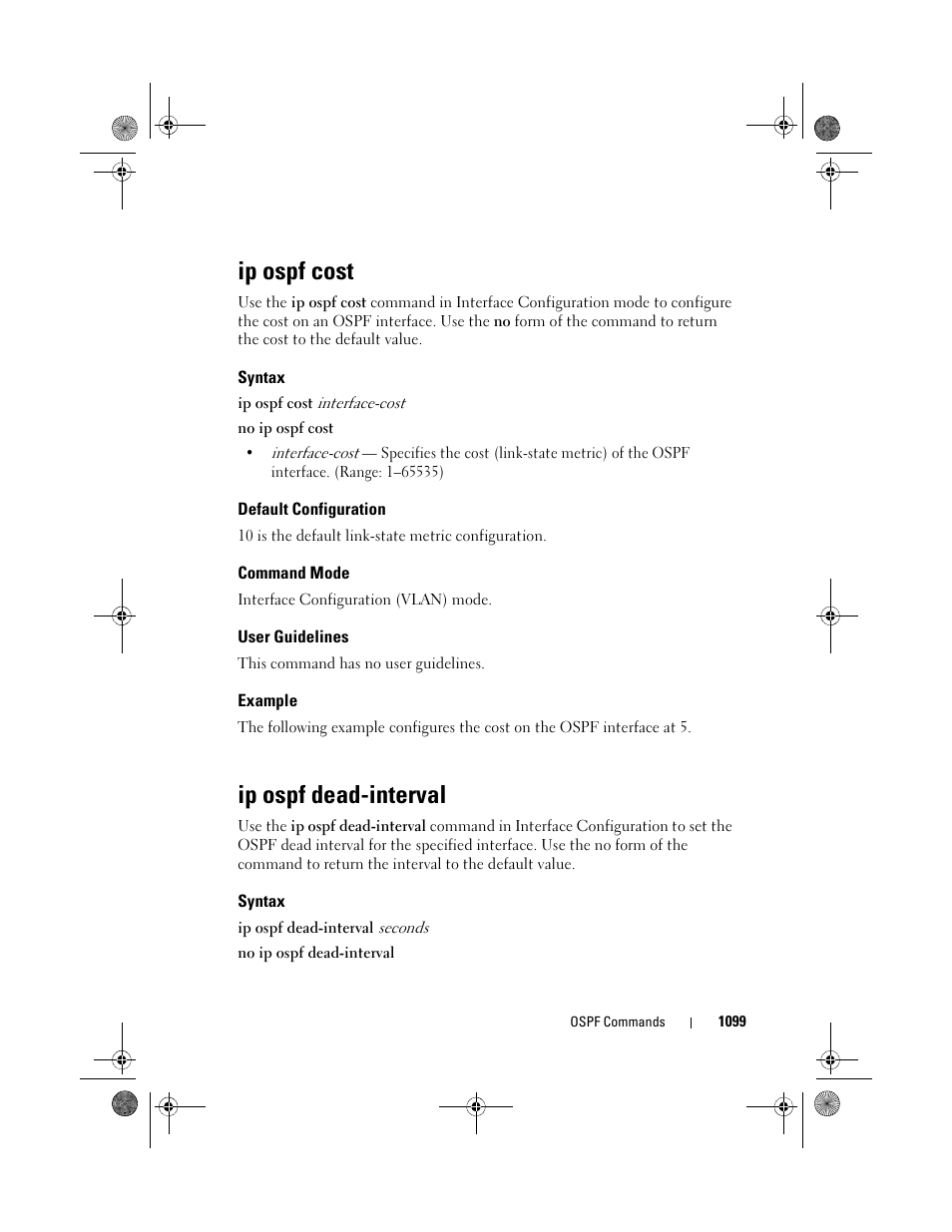 Ip ospf cost, Syntax, Default configuration | Command mode, User guidelines, Example, Ip ospf dead-interval, Ip ospf dead, Interval | Dell POWEREDGE M1000E User Manual | Page 1099 / 1682