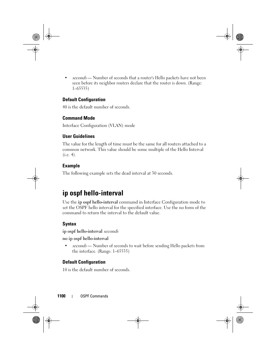 Default configuration, Command mode, User guidelines | Example, Ip ospf hello-interval, Syntax, Ip ospf hello, Interval | Dell POWEREDGE M1000E User Manual | Page 1100 / 1682