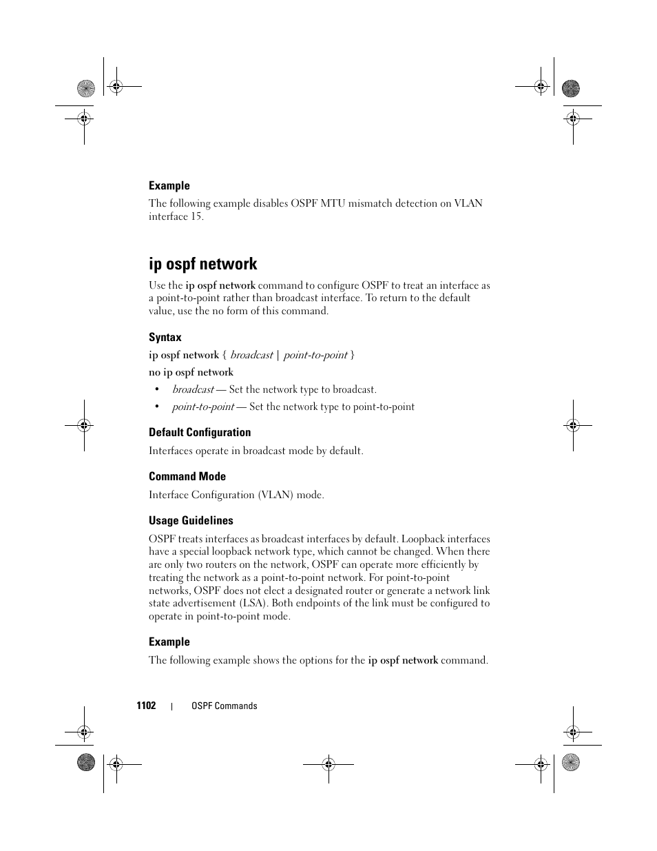 Example, Ip ospf network, Syntax | Default configuration, Command mode, Usage guidelines | Dell POWEREDGE M1000E User Manual | Page 1102 / 1682