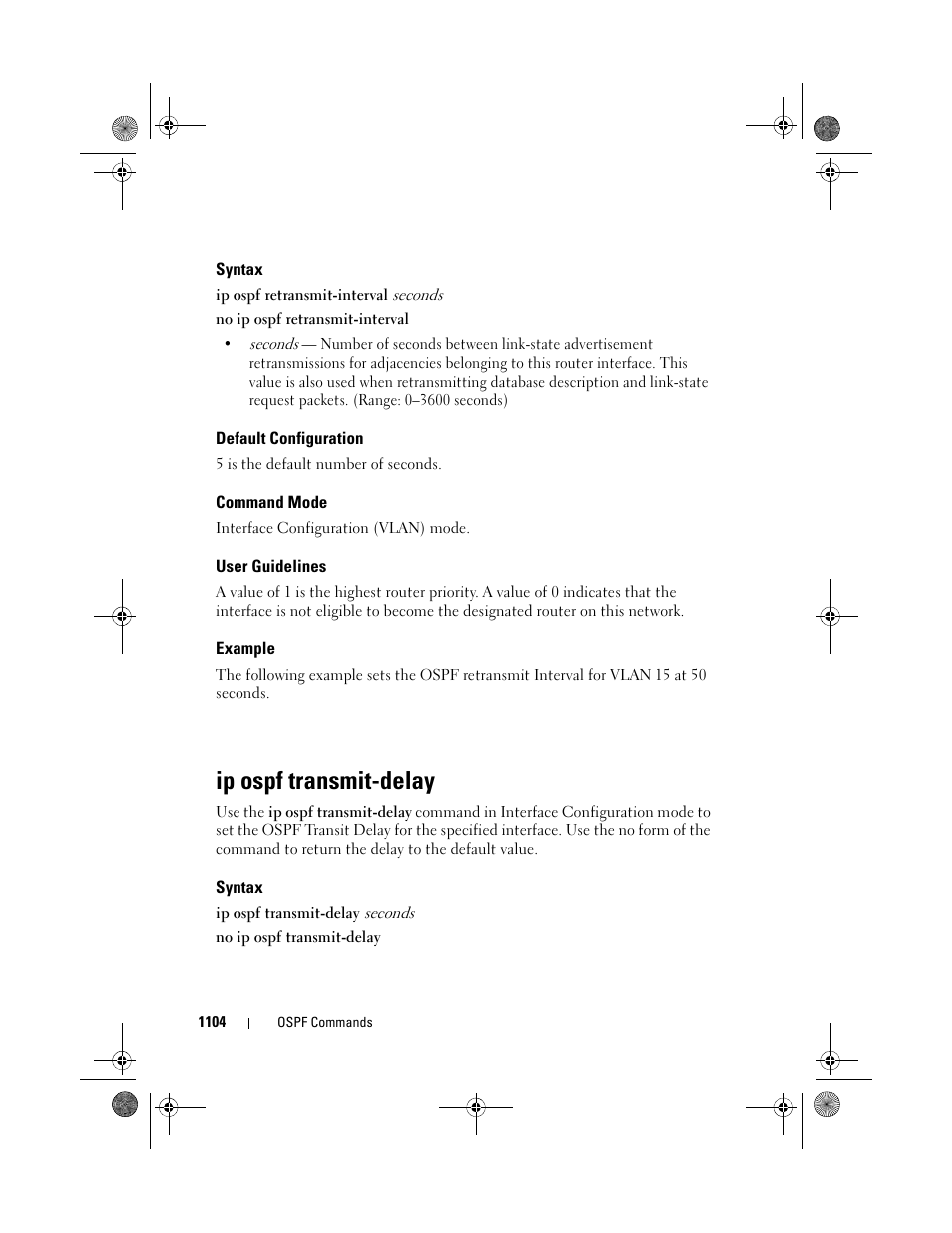 Syntax, Default configuration, Command mode | User guidelines, Example, Ip ospf transmit-delay, Ip ospf transmit, Delay | Dell POWEREDGE M1000E User Manual | Page 1104 / 1682