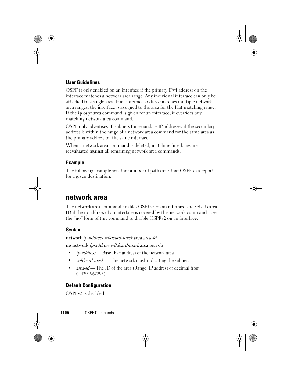 User guidelines, Example, Network area | Syntax, Default configuration | Dell POWEREDGE M1000E User Manual | Page 1106 / 1682