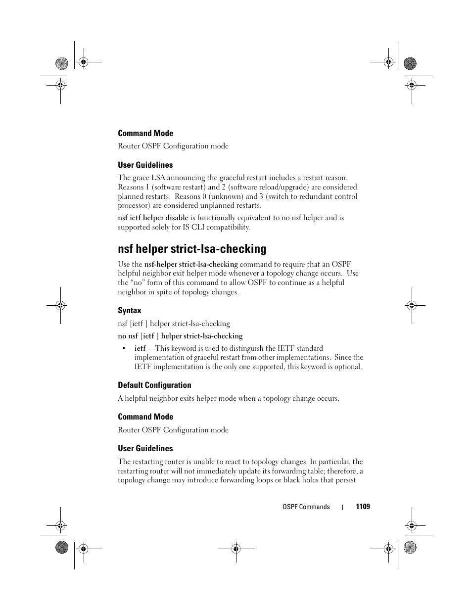 Command mode, User guidelines, Nsf helper strict-lsa-checking | Syntax, Default configuration, Nsf helper strict, Lsa-checking | Dell POWEREDGE M1000E User Manual | Page 1109 / 1682