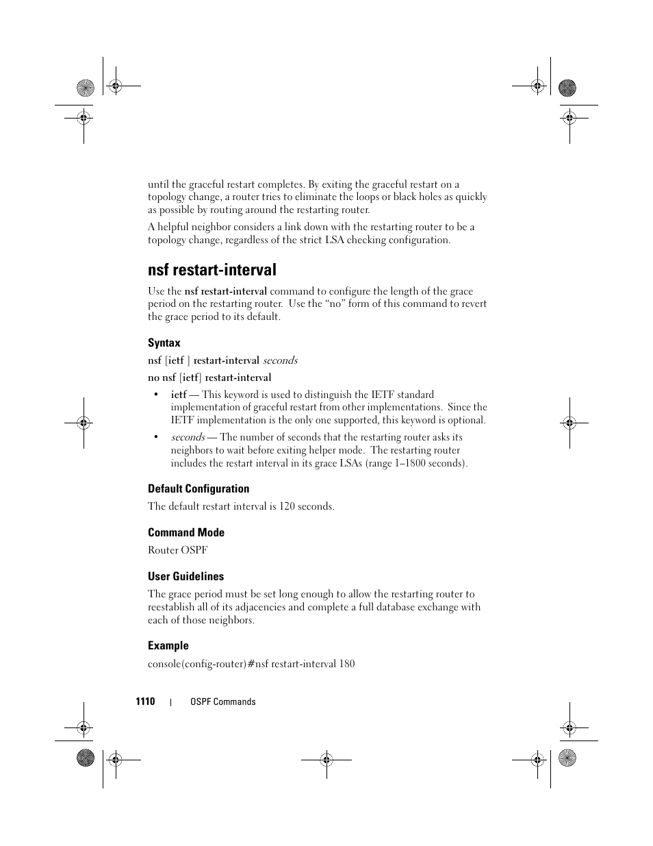 Nsf restart-interval, Syntax, Default configuration | Command mode, User guidelines, Example | Dell POWEREDGE M1000E User Manual | Page 1110 / 1682