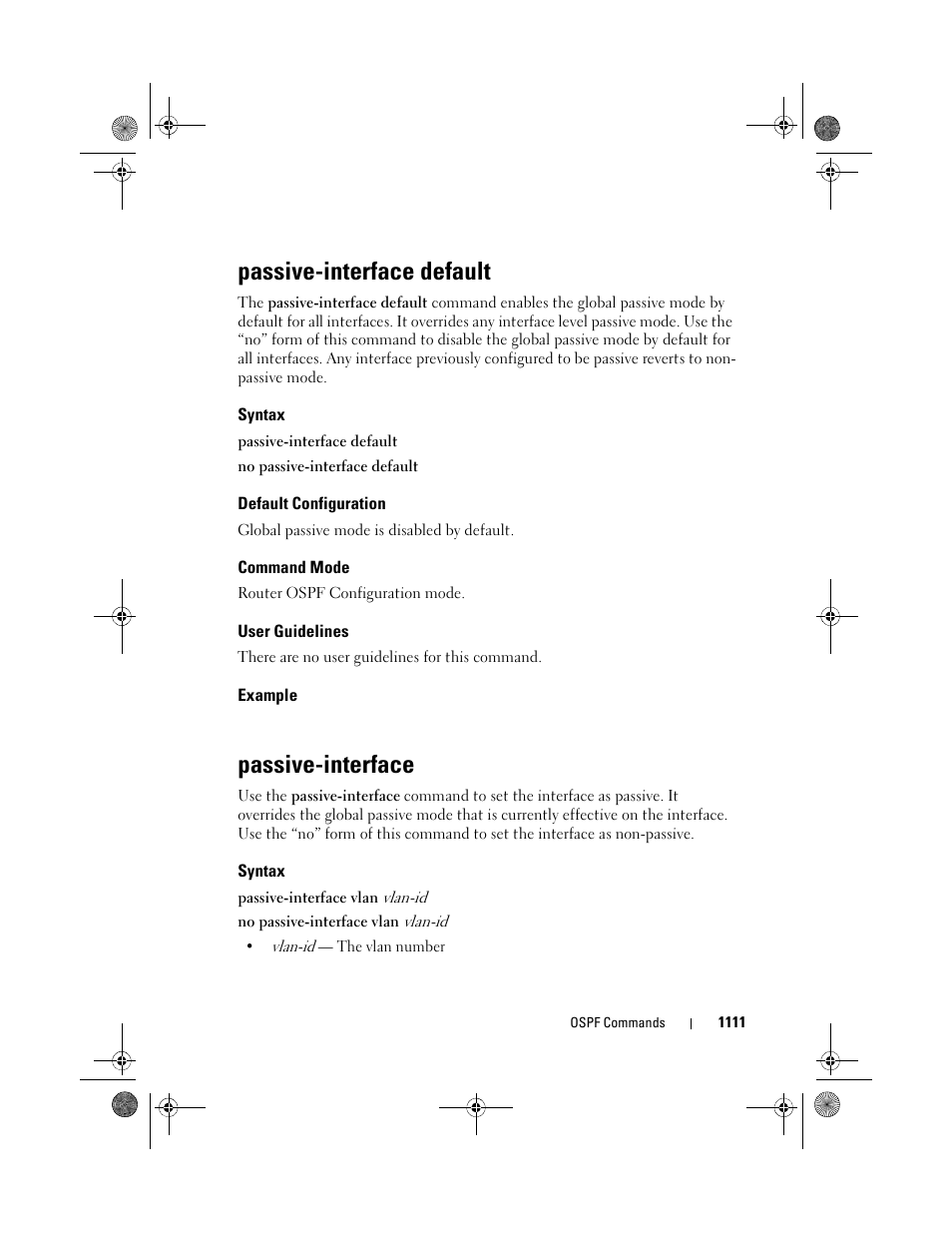 Passive-interface default, Syntax, Default configuration | Command mode, User guidelines, Example, Passive-interface, Default | Dell POWEREDGE M1000E User Manual | Page 1111 / 1682