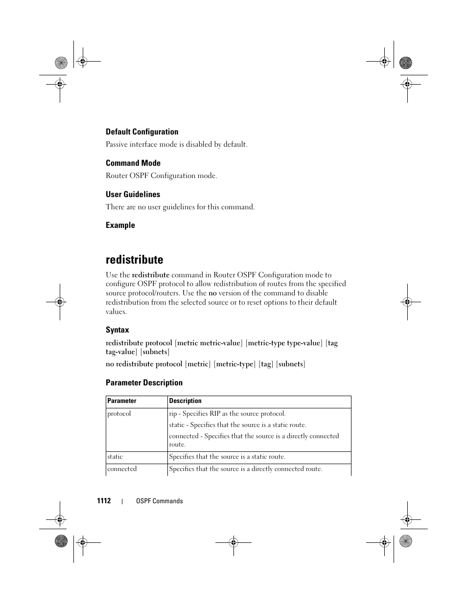 Default configuration, Command mode, User guidelines | Example, Redistribute, Syntax, Parameter description | Dell POWEREDGE M1000E User Manual | Page 1112 / 1682