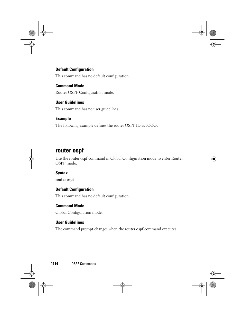 Default configuration, Command mode, User guidelines | Example, Router ospf, Syntax | Dell POWEREDGE M1000E User Manual | Page 1114 / 1682